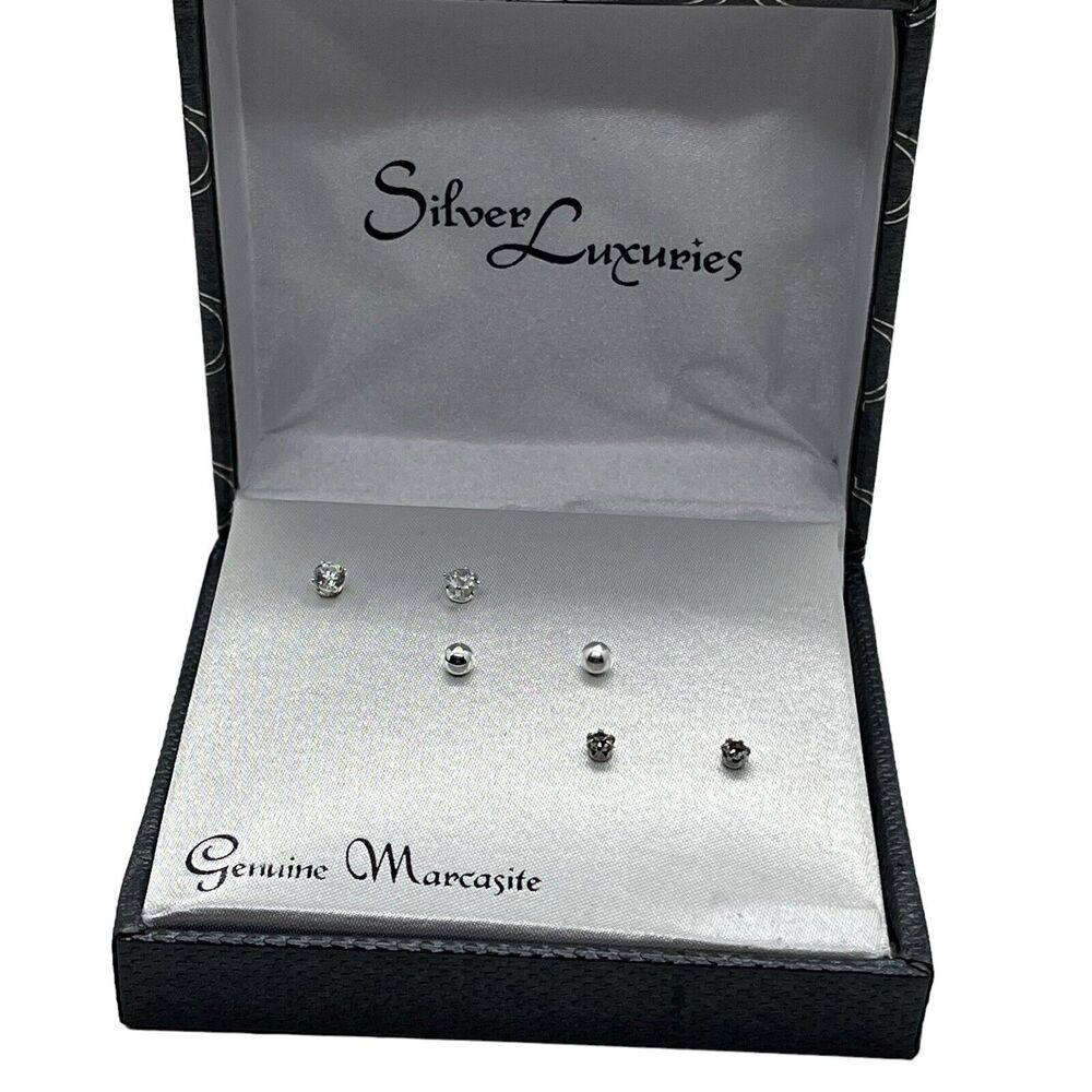 Silver Luxuries Marcasite Stud Earring Set of Three Silver Plated New in Box
